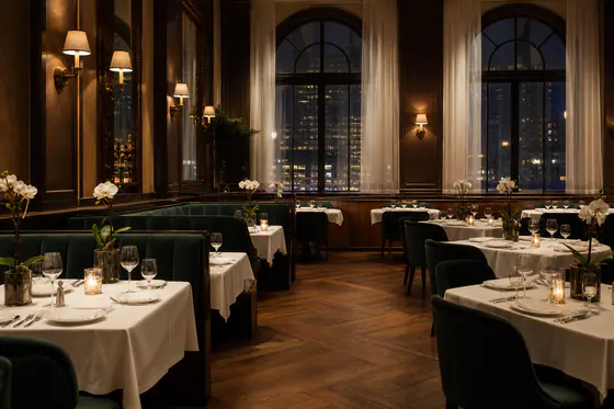 Sala restauracyjna z nakrytymi stołami i wysokimi łukowymi oknami